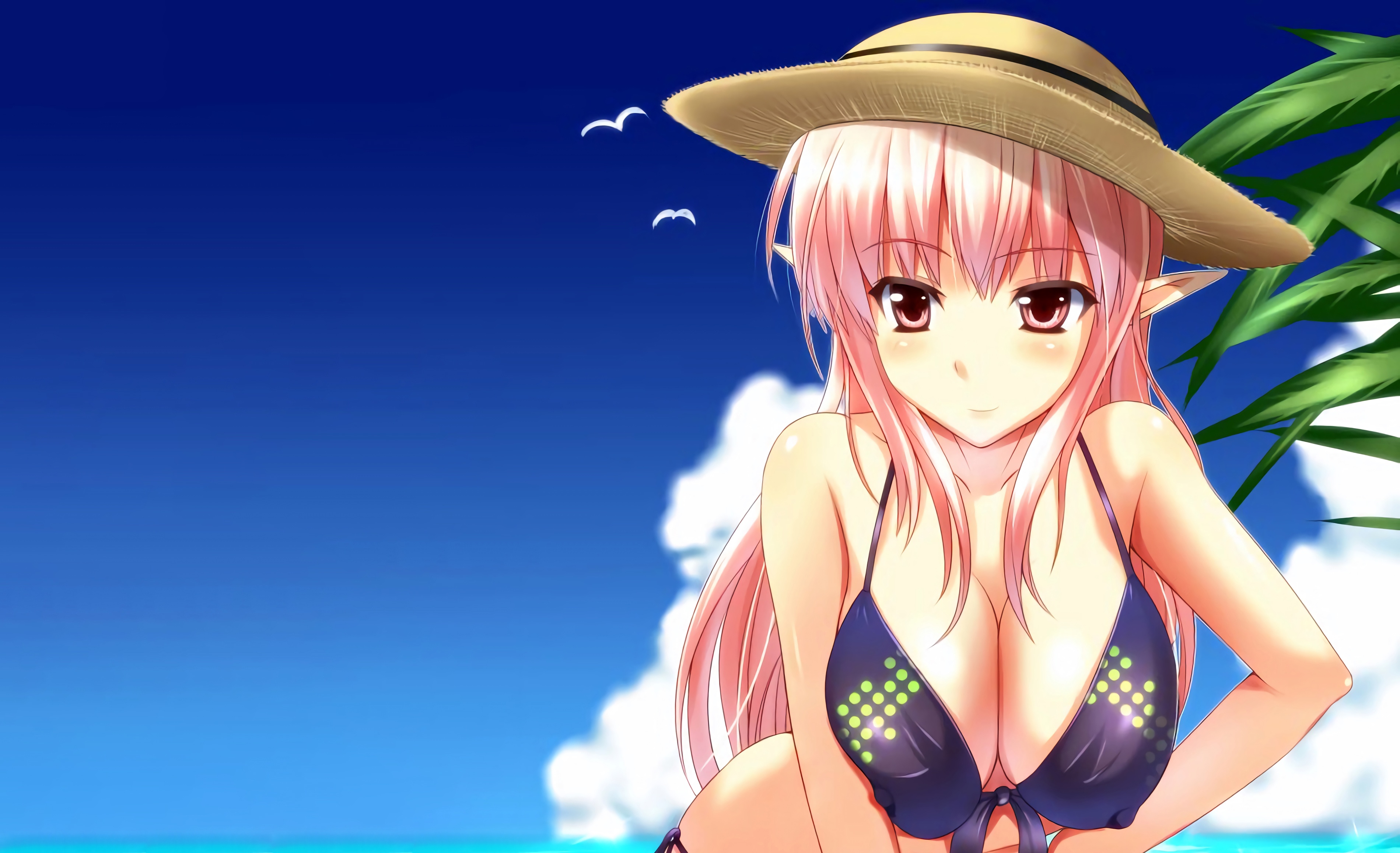 Download wallpaper girl, sexy, cleavage, pink hair, erect nipples, long  hair, boobs, anime, section seinen in resolution 3800x2316