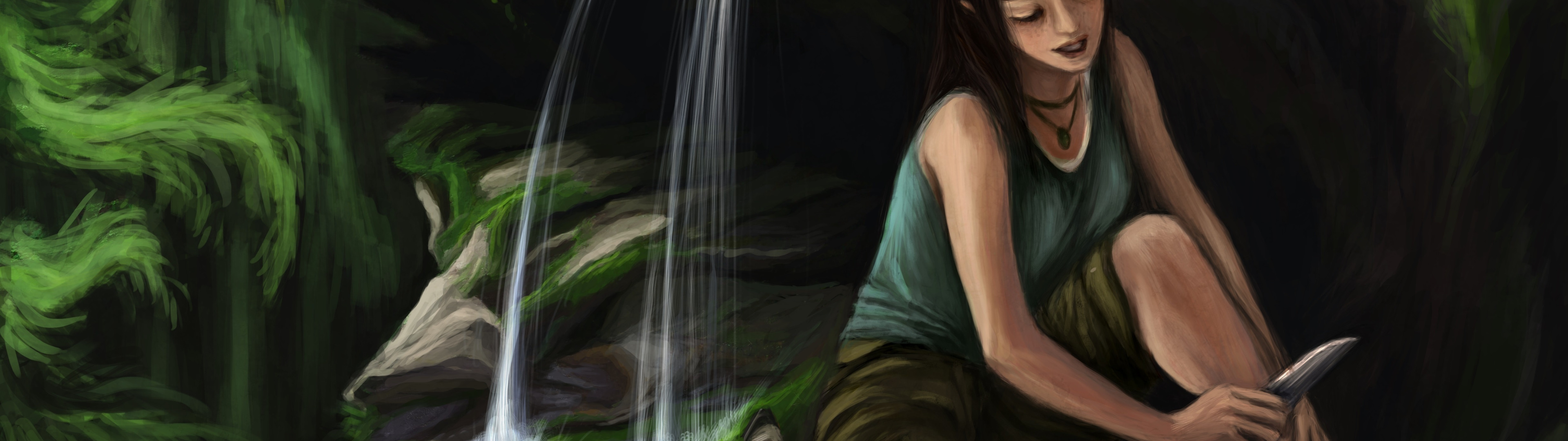 Download wallpaper water, face, waterfall, art, knife, Tomb Raider, leg ...