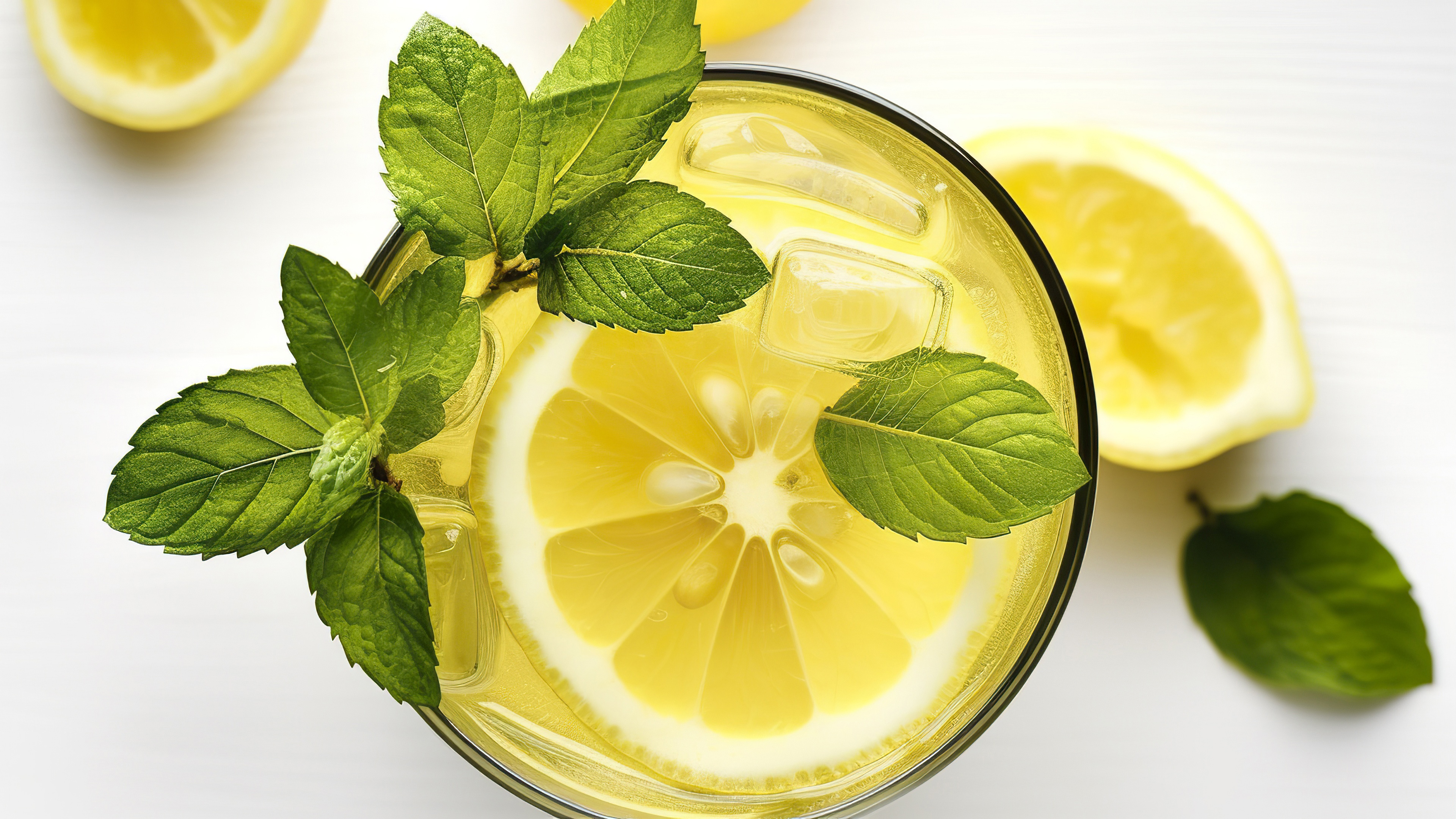 leaves, glass, lemon, glass, white background, drink, citrus, mint. 