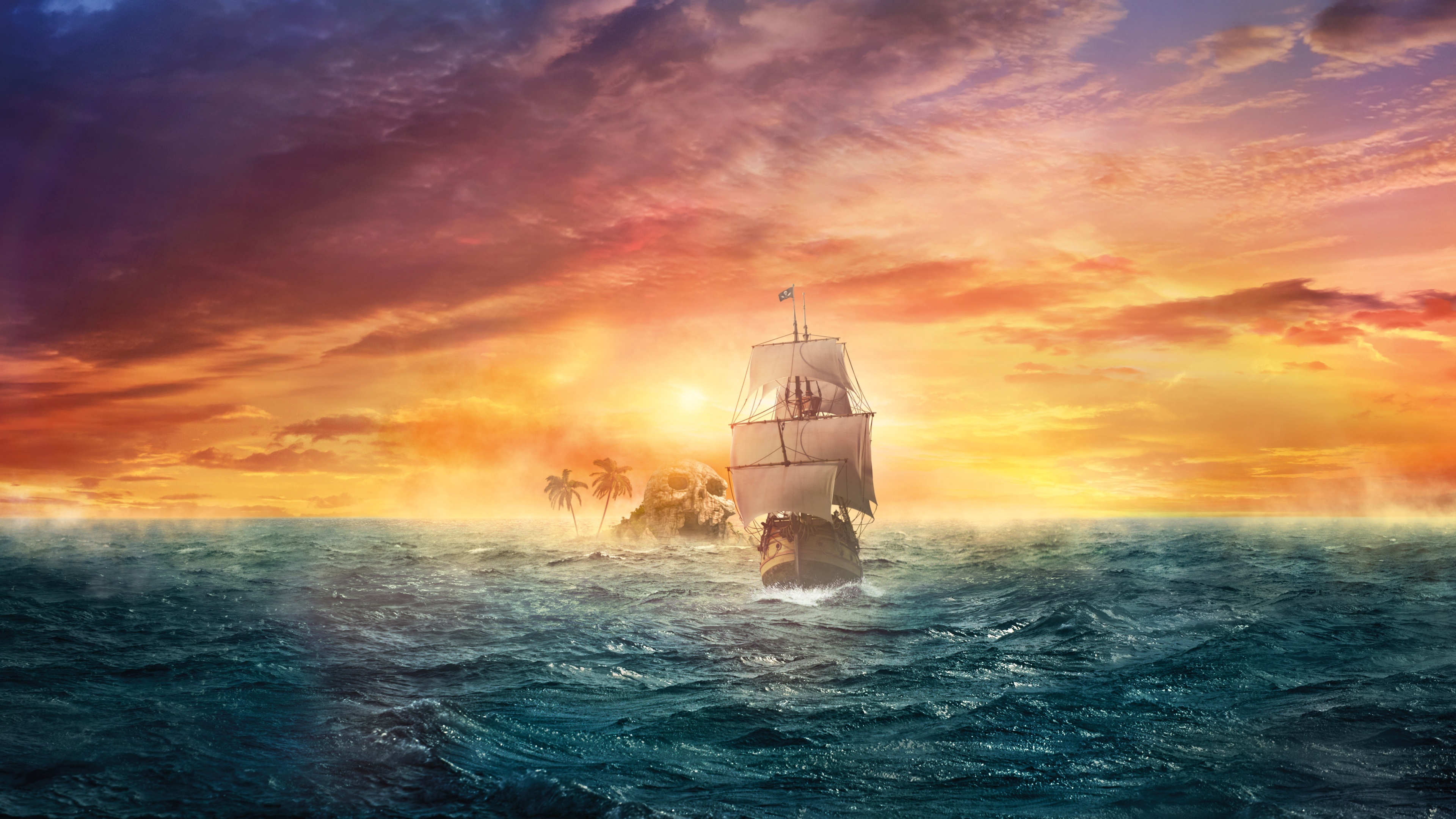 Download Wallpaper Sea, The Sky, Sunset, Fiction, The Ocean, Ship.