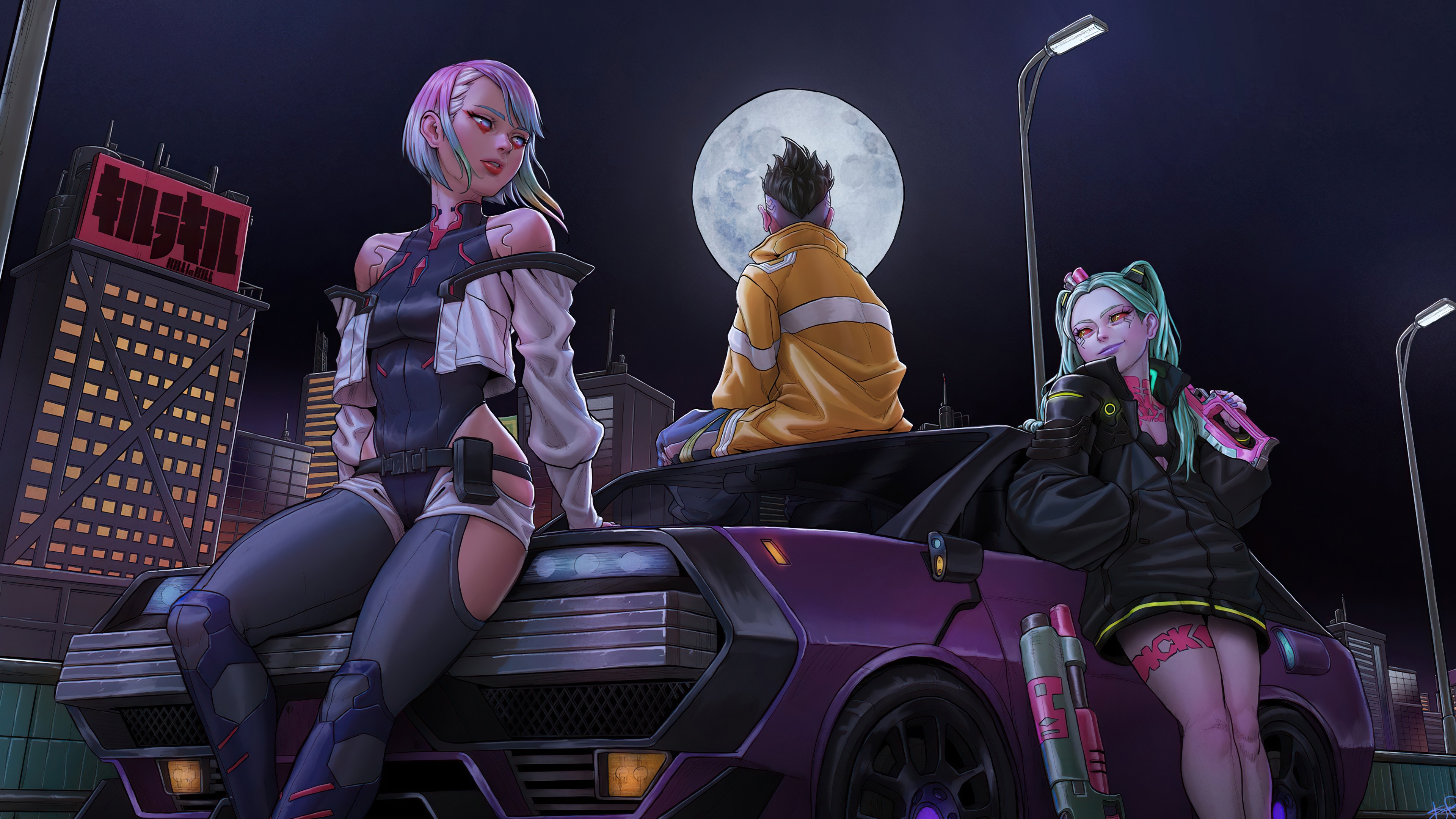 Download wallpaper car, moon, Lucy, Cyberpunk 2077, Rebecca, Game art, art  girl, Cyberpunk Edgerunners, section art in resolution 3840x2160