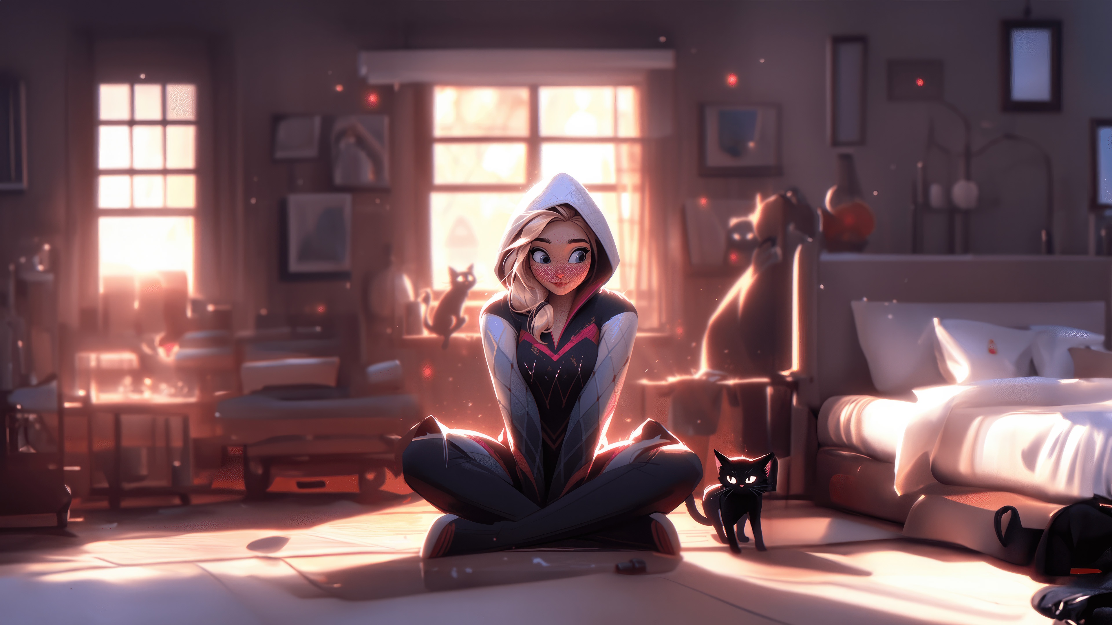 Download wallpaper girl, cats, room, window, Gwen, Spider-woman, Gwen, Gwen  Stacy, section fantasy in resolution 3840x2160