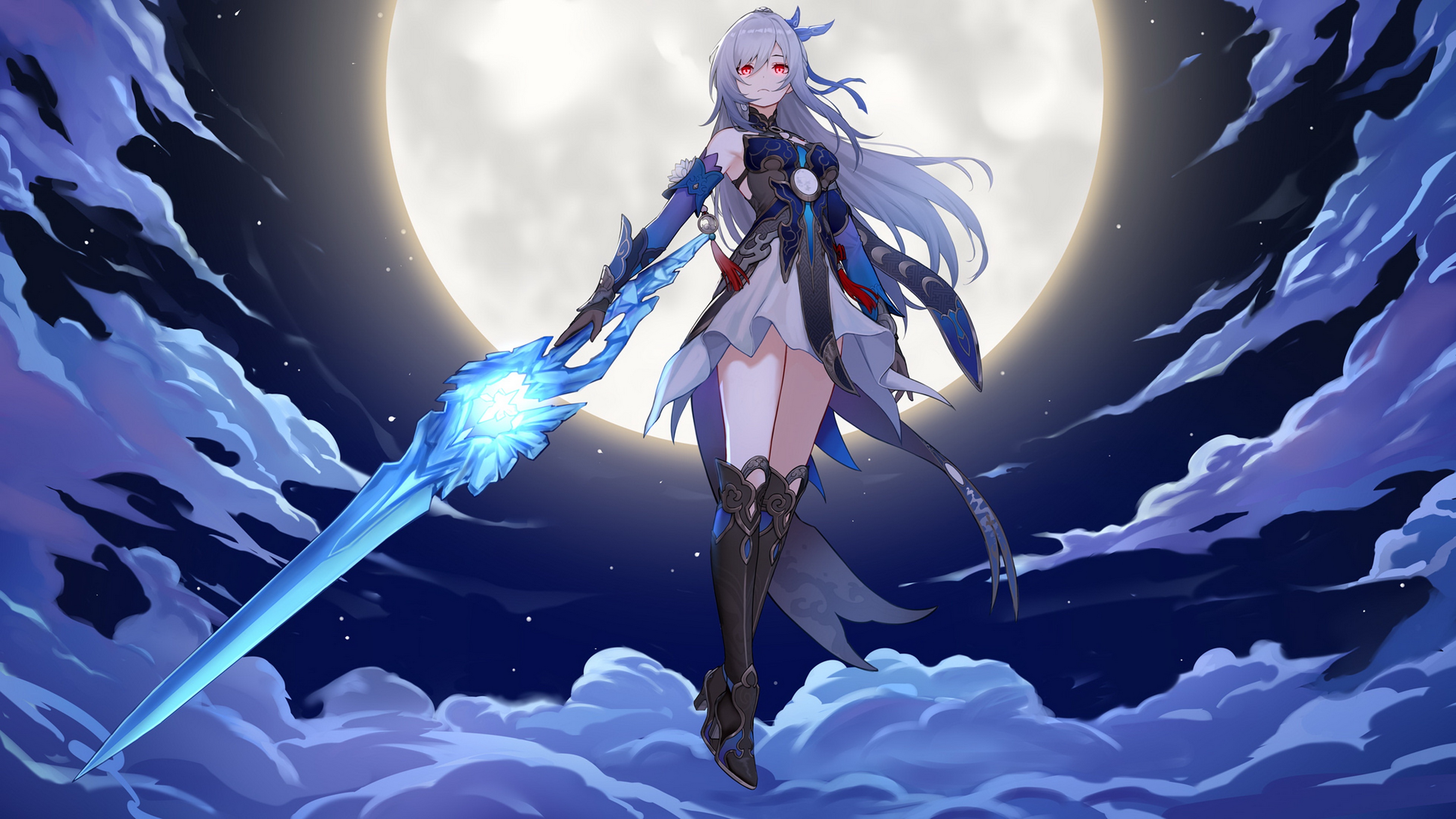 Download Wallpaper Clouds, Pose, The Moon, Stand, Character.