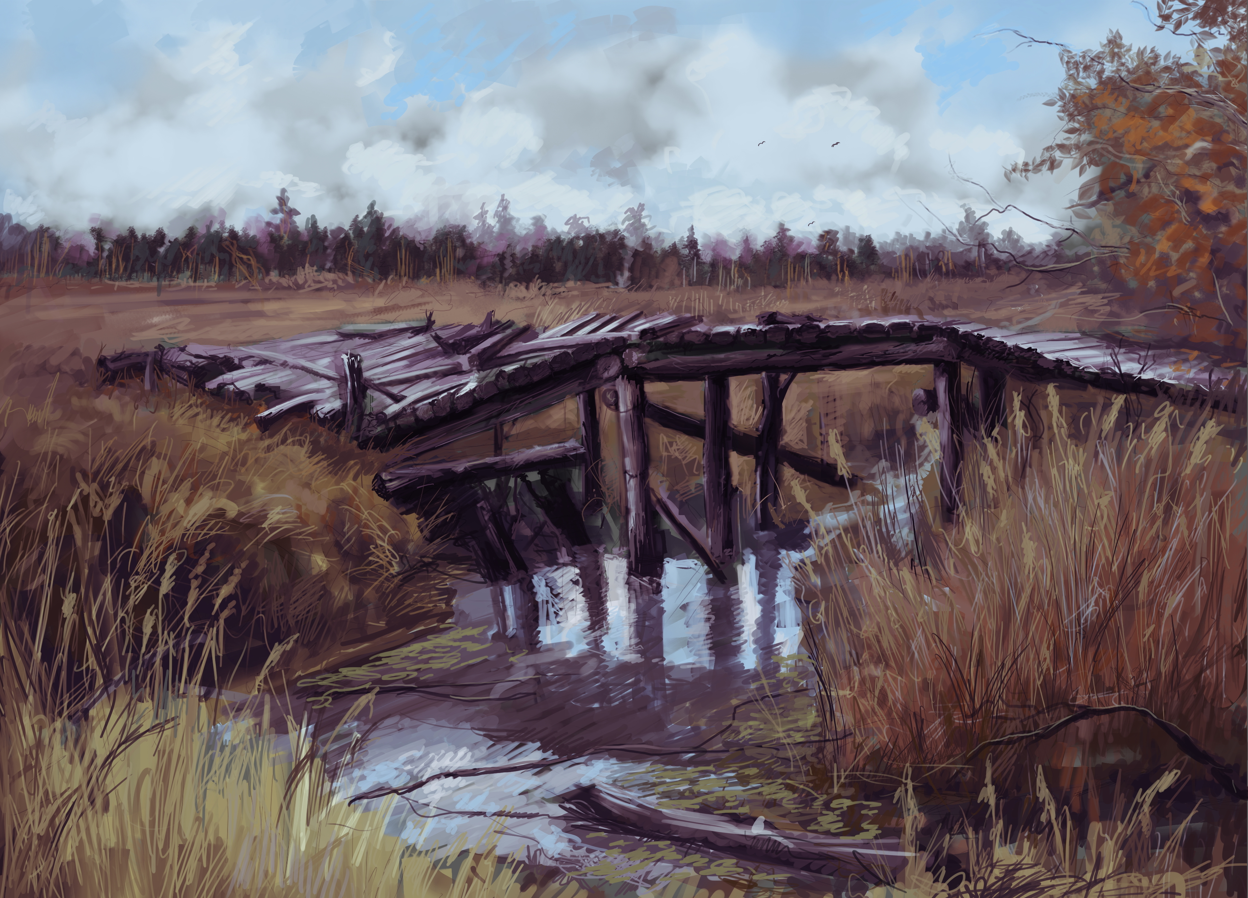 Разрушь мост 2. Сталкер река Припять. Разрушенный мост болота сталкер. Деревня на болоте арт сталкер. Сталкер болото арт.