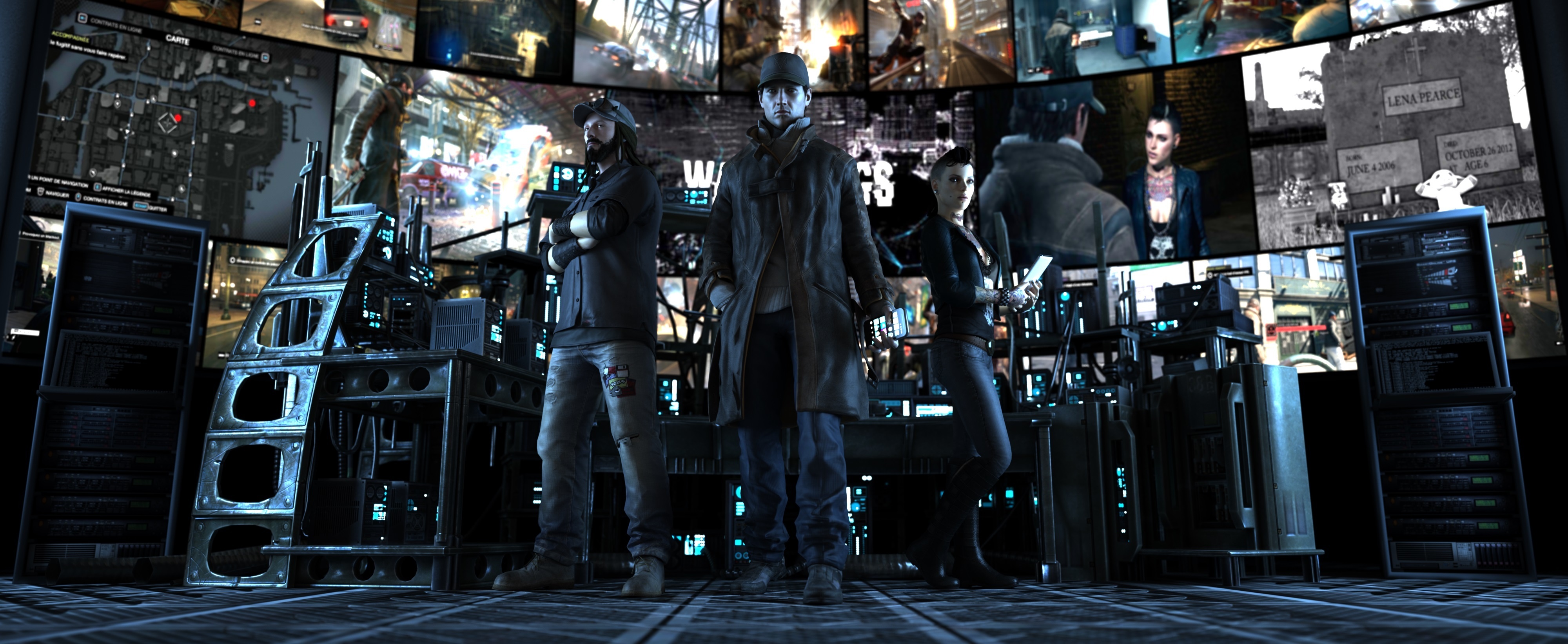 Download wallpaper Watch Dogs, Aiden Pearce, Clara Lille, T-Bone, Raymond  Kenney, section games in resolution 4000x1644