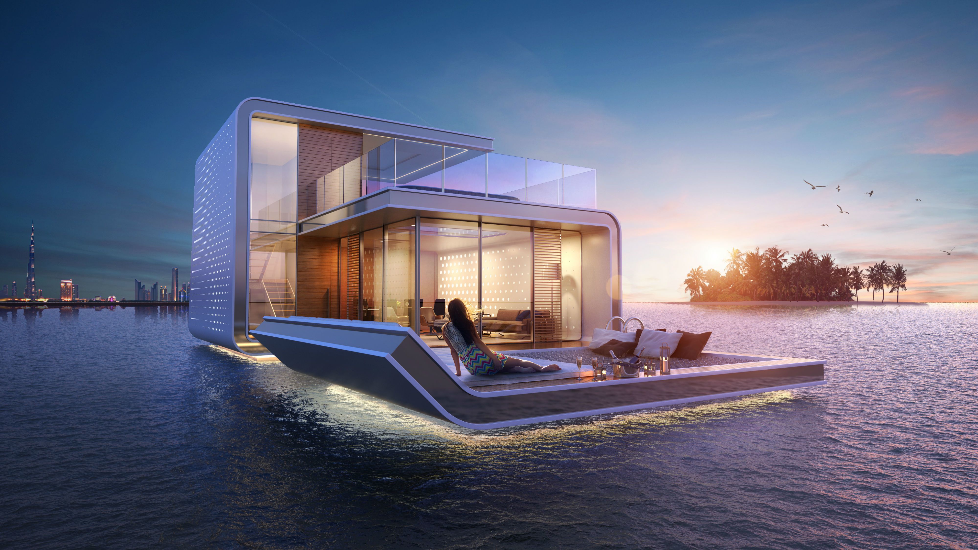 Красивые дома на воде. Плавучая вилла Seahorse. The Floating Seahorse (Дубай, ОАЭ). Хаусбот в Дубае. Хаусбот концепт.