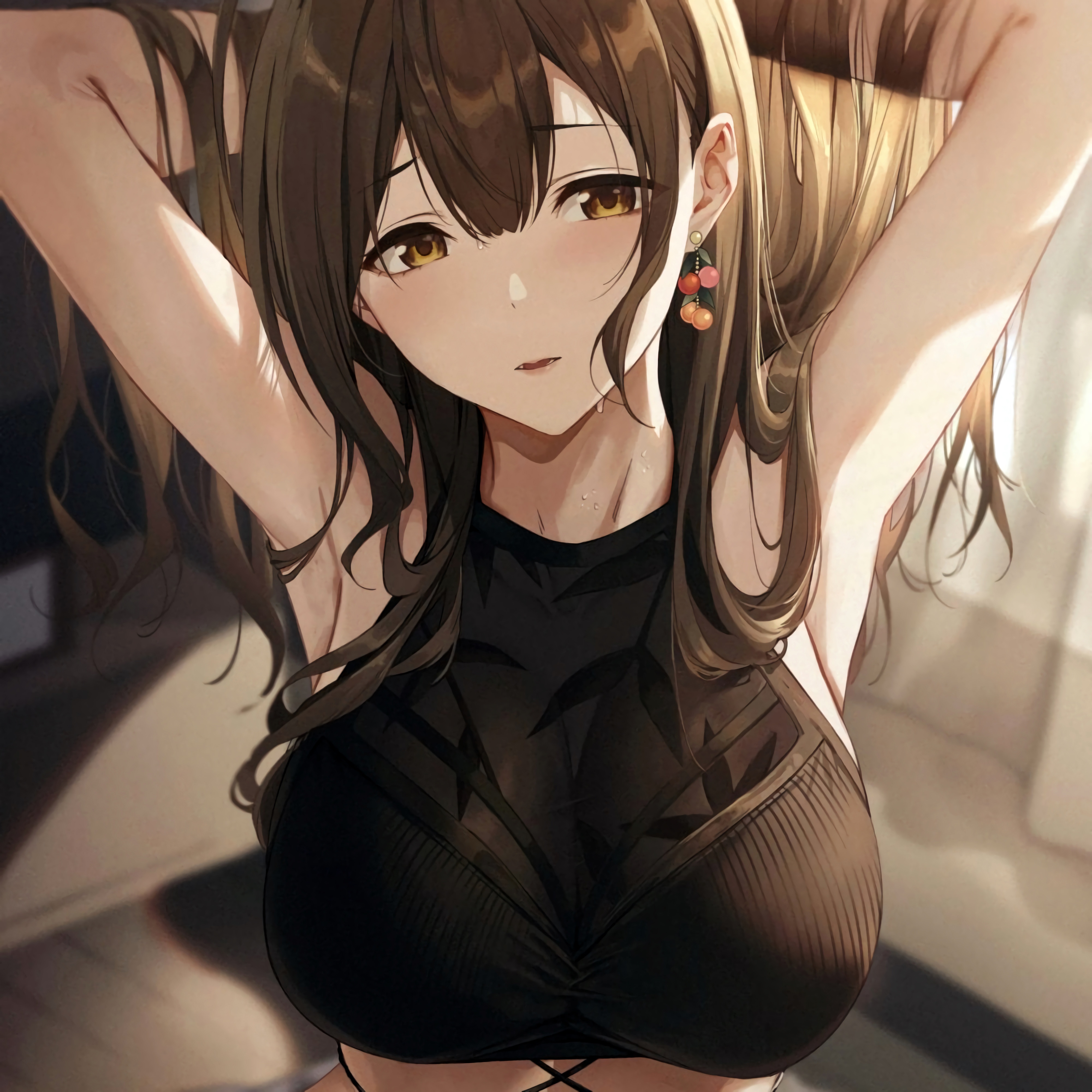 Wallpaper girl, sexy, blouse, long hair, brown hair, brown eyes, boobs,  anime for mobile and desktop, section сэйнэн, resolution 4000x4000 -  download