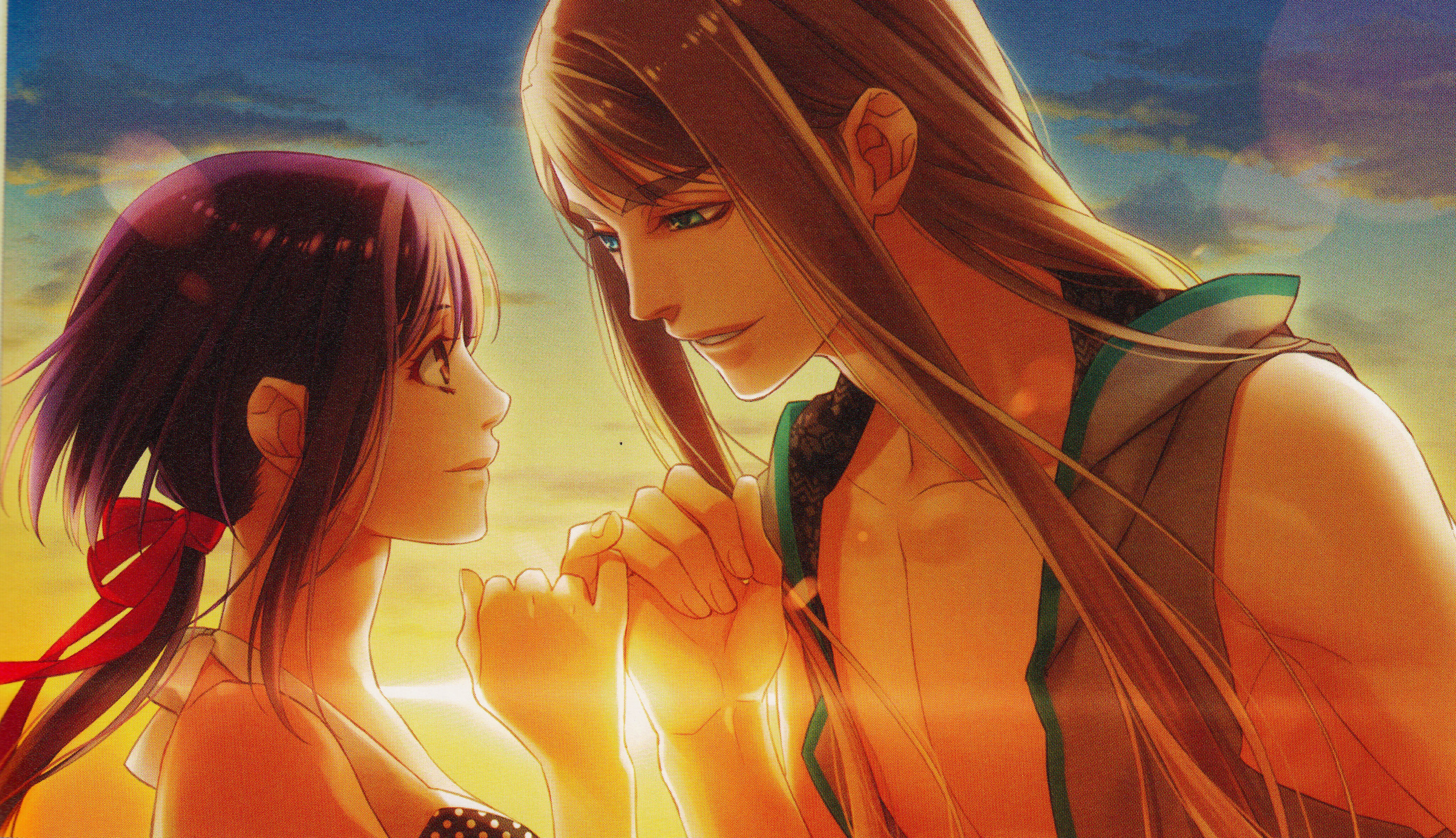 the sky, the sun, hands, two, long hair, art, visual novel, promise 