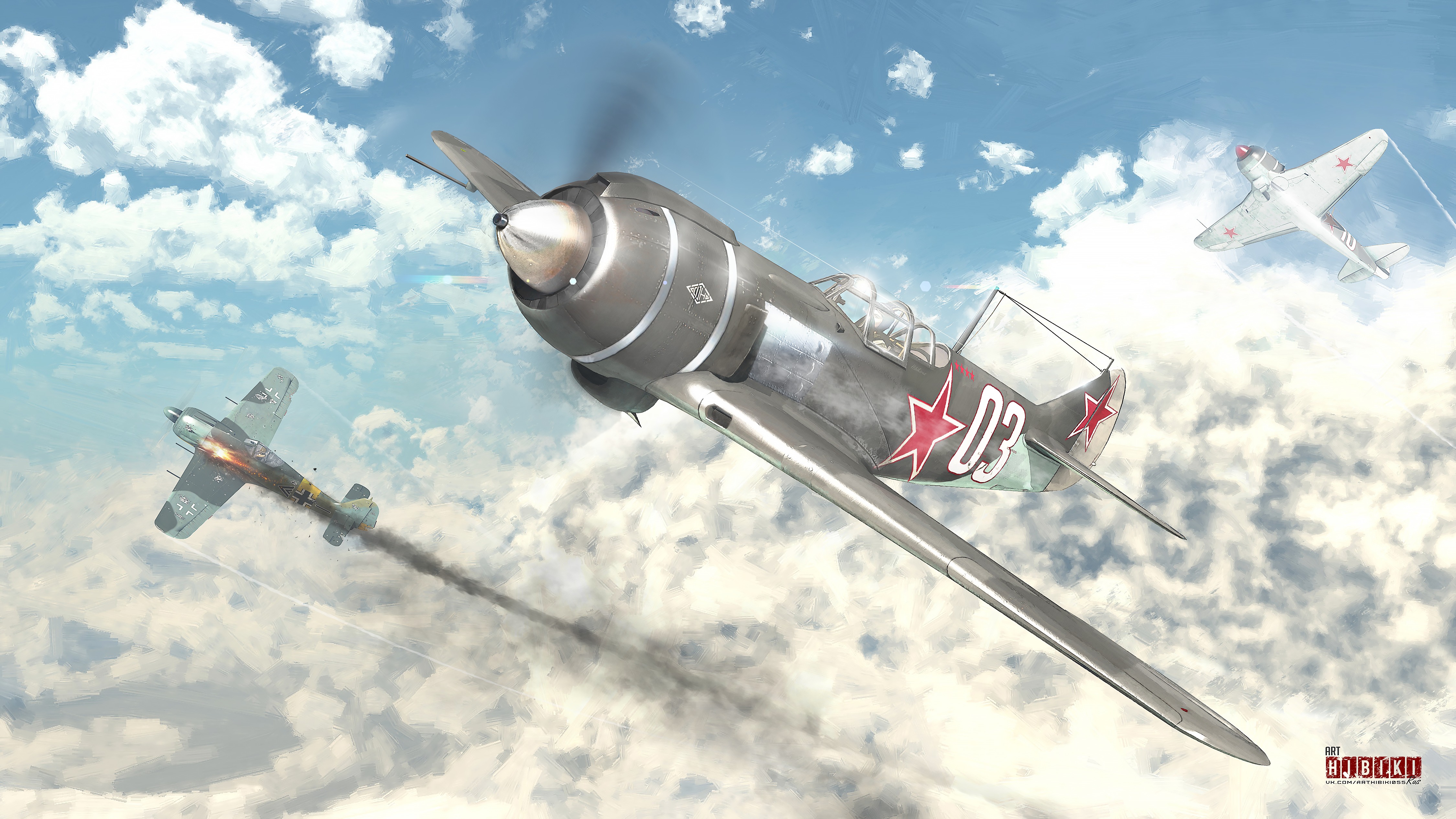 Download Wallpaper The Sky, War, Fighter, Art, Soviet, Piston.