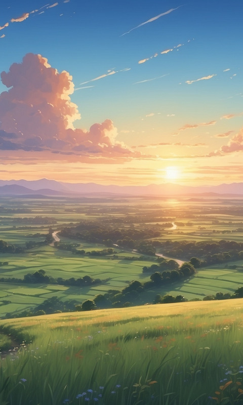 Download wallpaper sky, trees, sunset, anime, mountains, clouds, valley ...