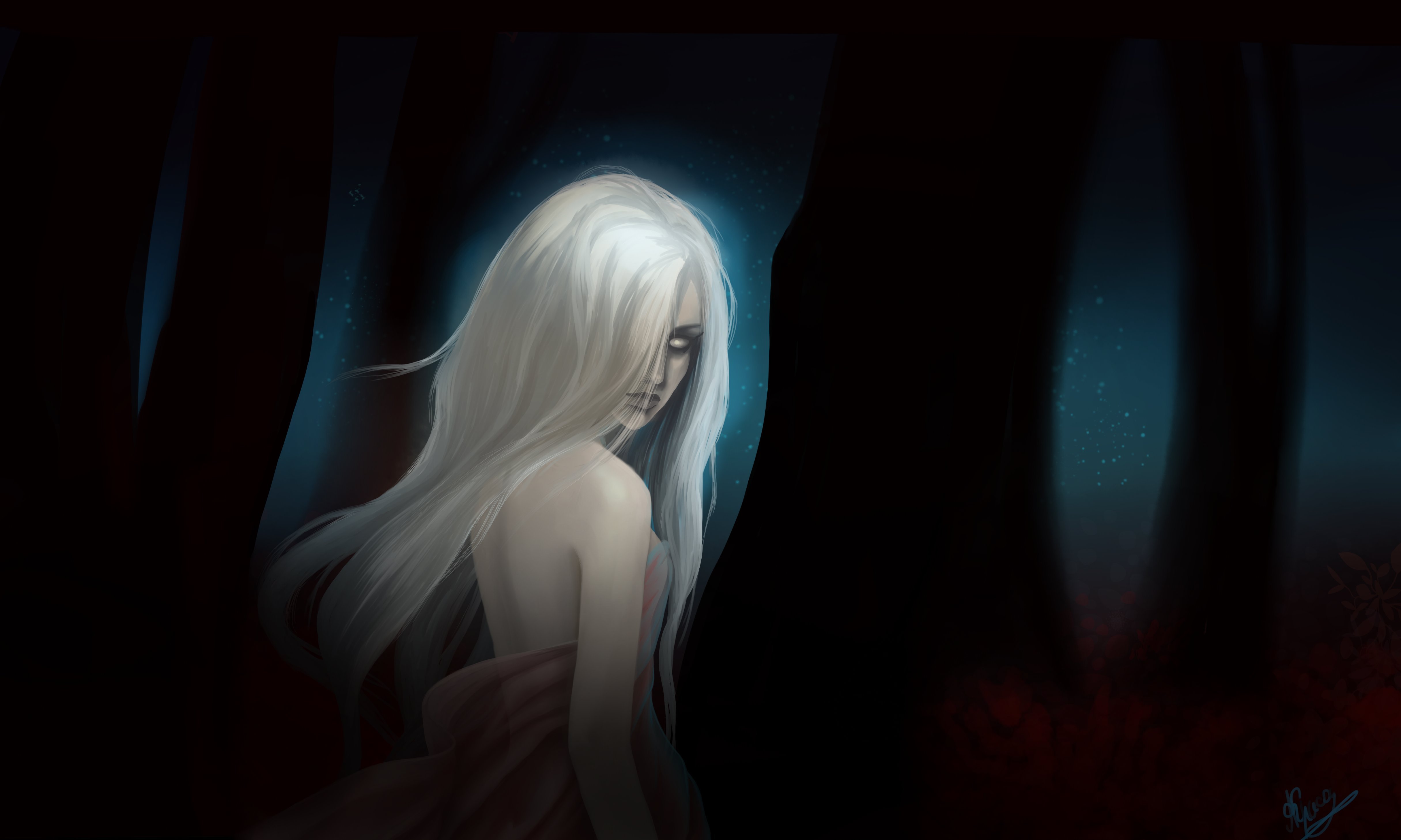 Download wallpaper forest, look, leaves, girl, night, fiction, hair, the  demon, section fantasy in resolution 4862x2916