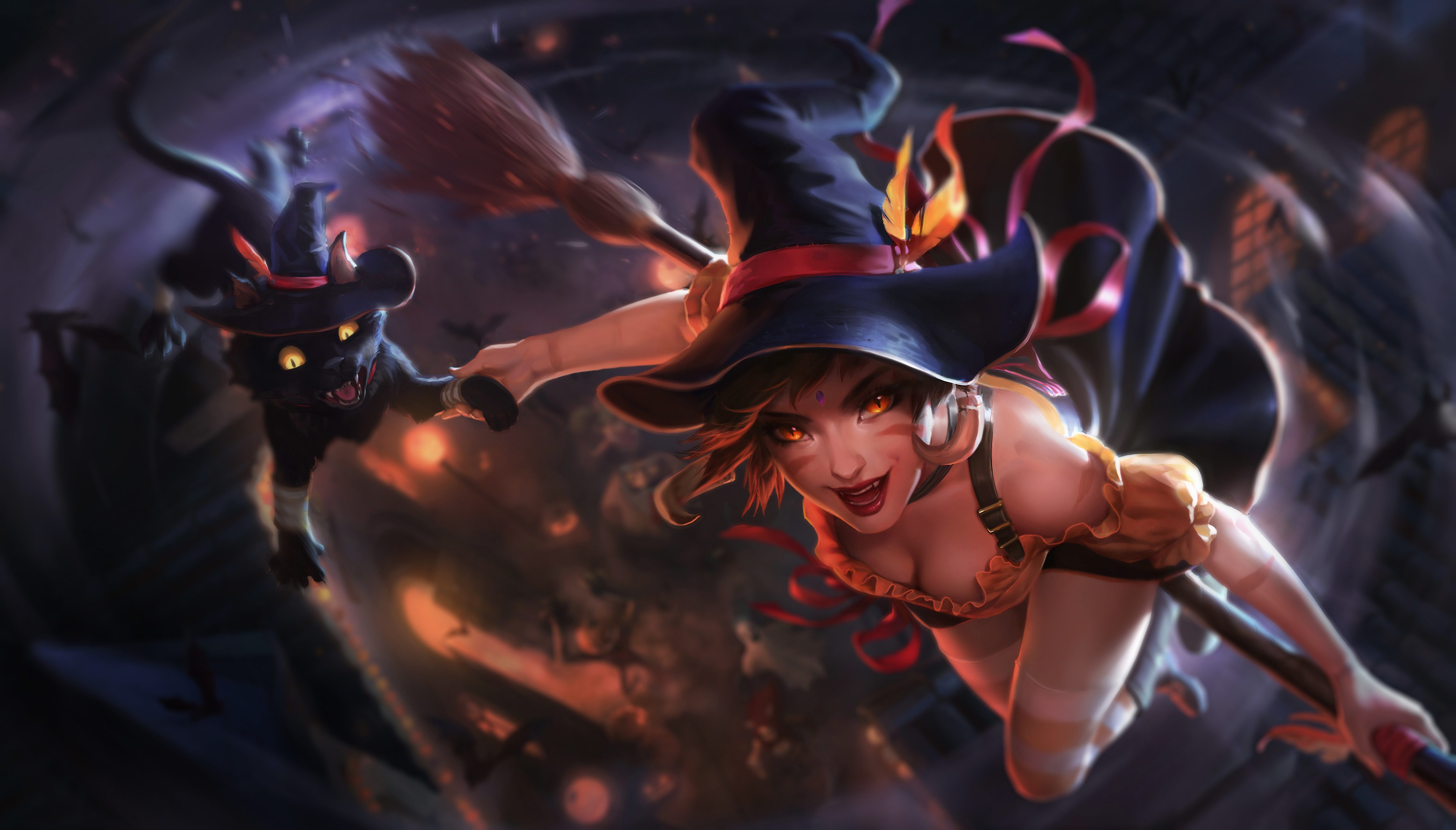 Wallpaper girl, fantasy, cleavage, halloween, flying, hat, cat, holiday for  mobile and desktop, section праздники, resolution 5000x2850 - download