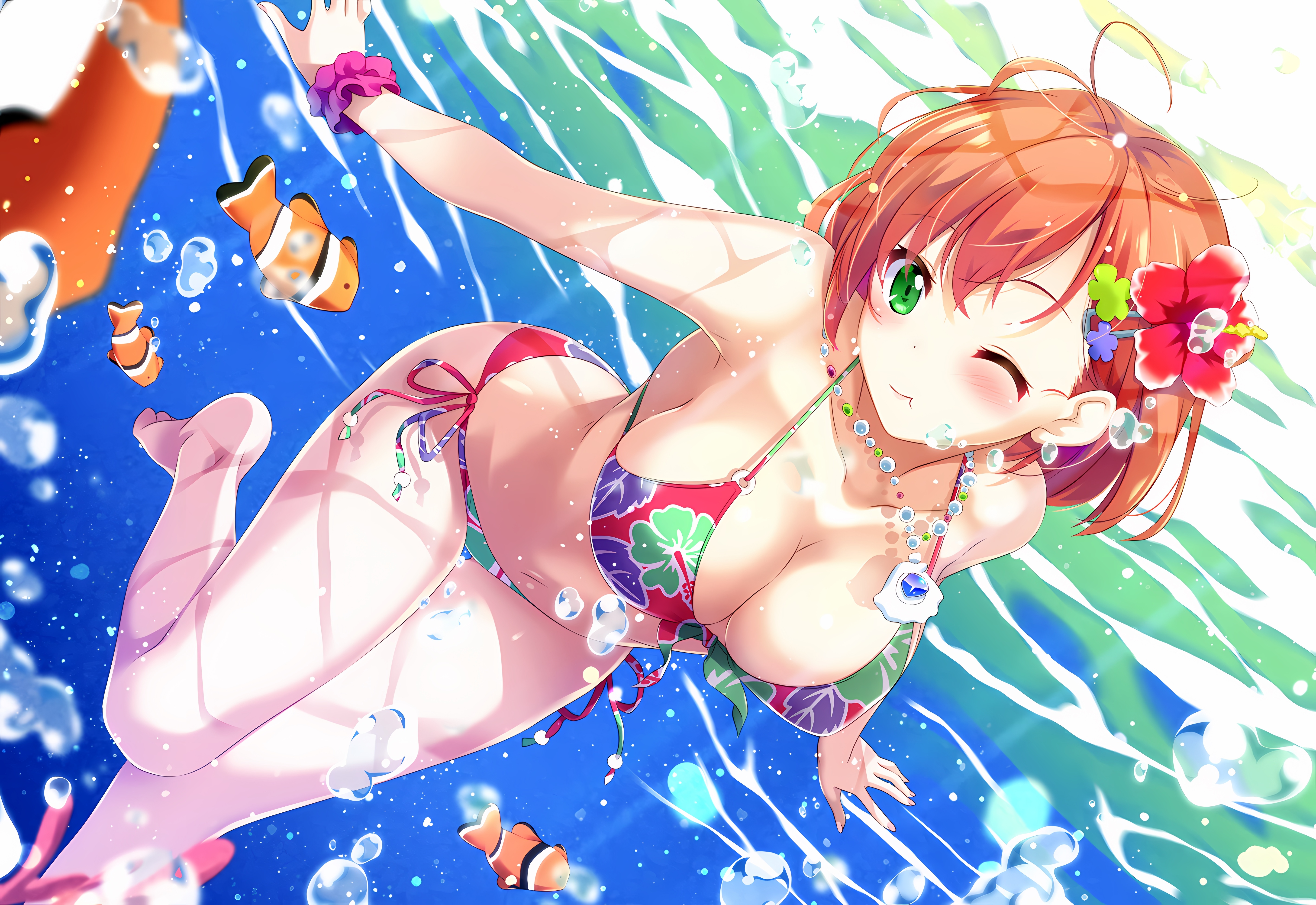 Wallpaper girl, sexy, cleavage, flower, green eyes, legs, underwater, boobs  for mobile and desktop, section сэйнэн, resolution 5672x3900 - download