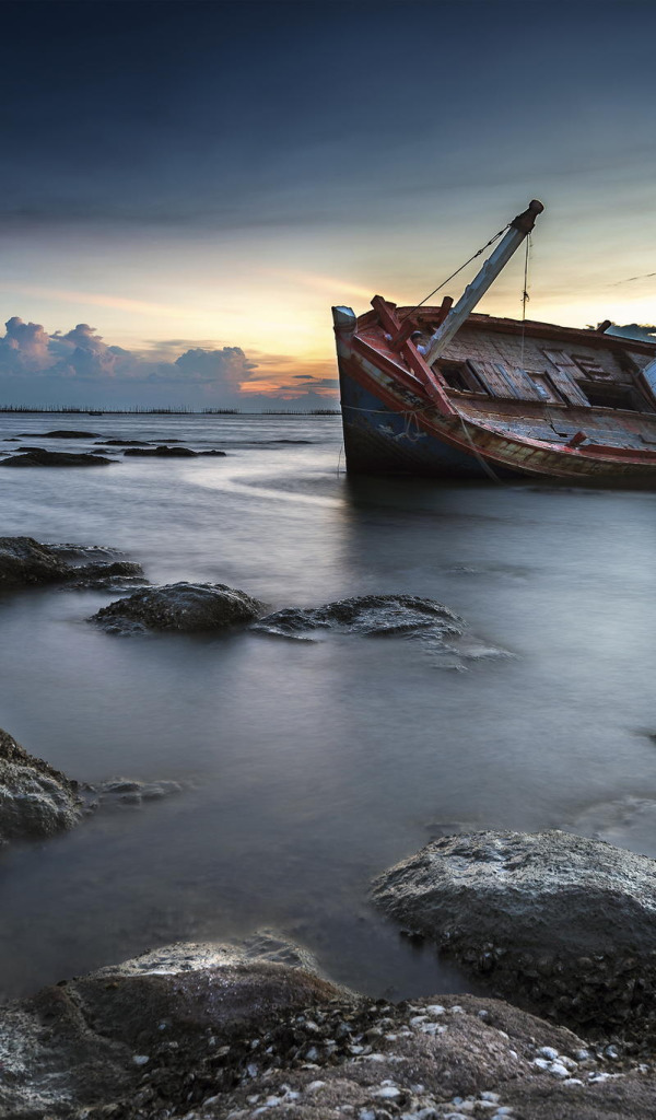 Download Wallpaper Sunset Stones Shore Ship Twilight Shipwreck