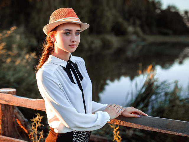 Download wallpaper look, water, bridge, Girl, hat, Aleksandr Suhar ...