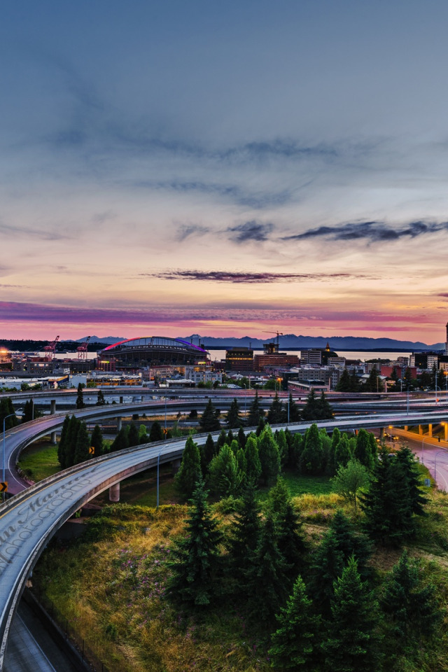 sunset, bridge, the city, Seattle, USA