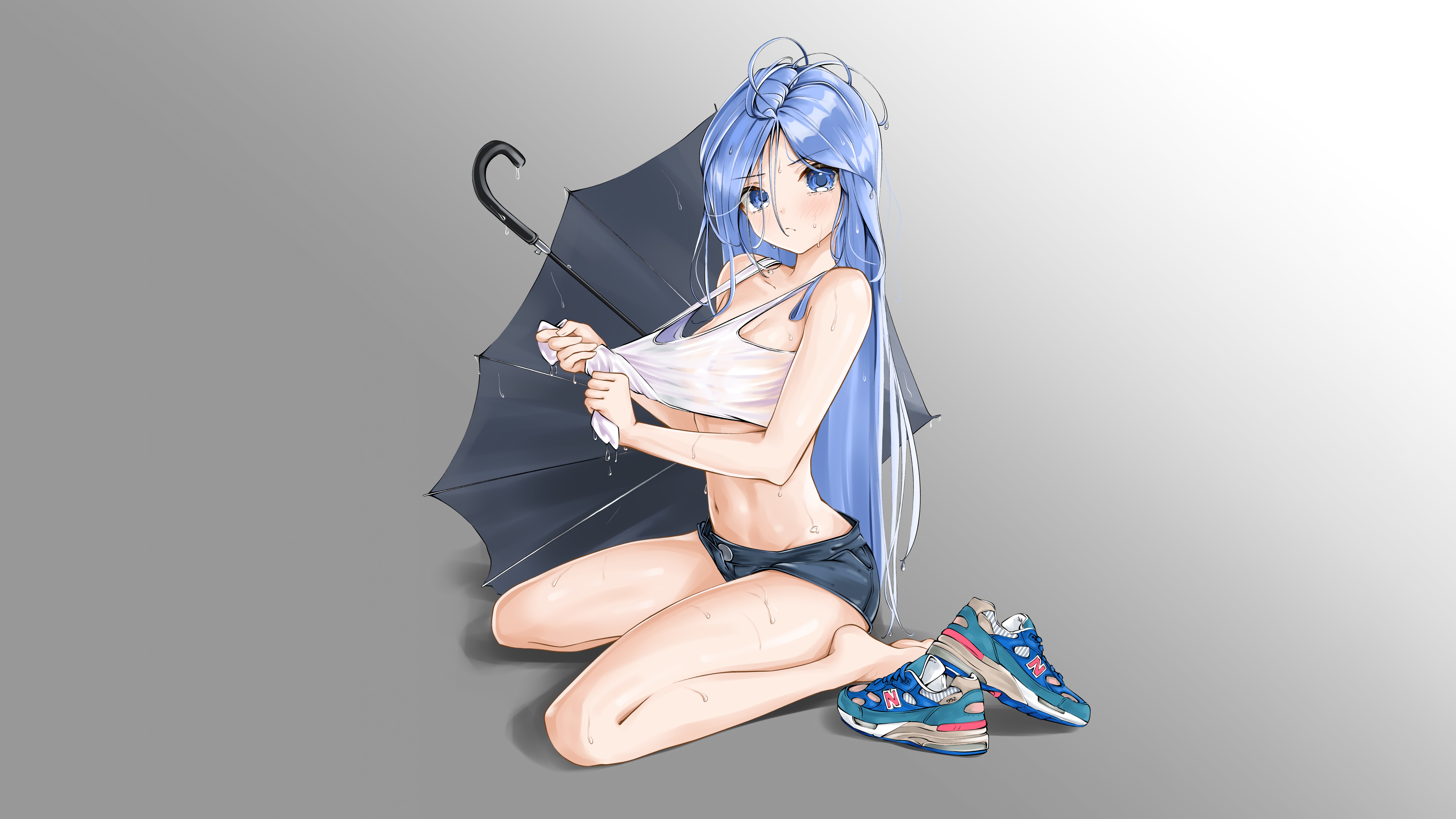 Download wallpaper girl, sexy, cleavage, shorts, long hair, boobs,  umbrella, anime, section seinen in resolution 6756x3800