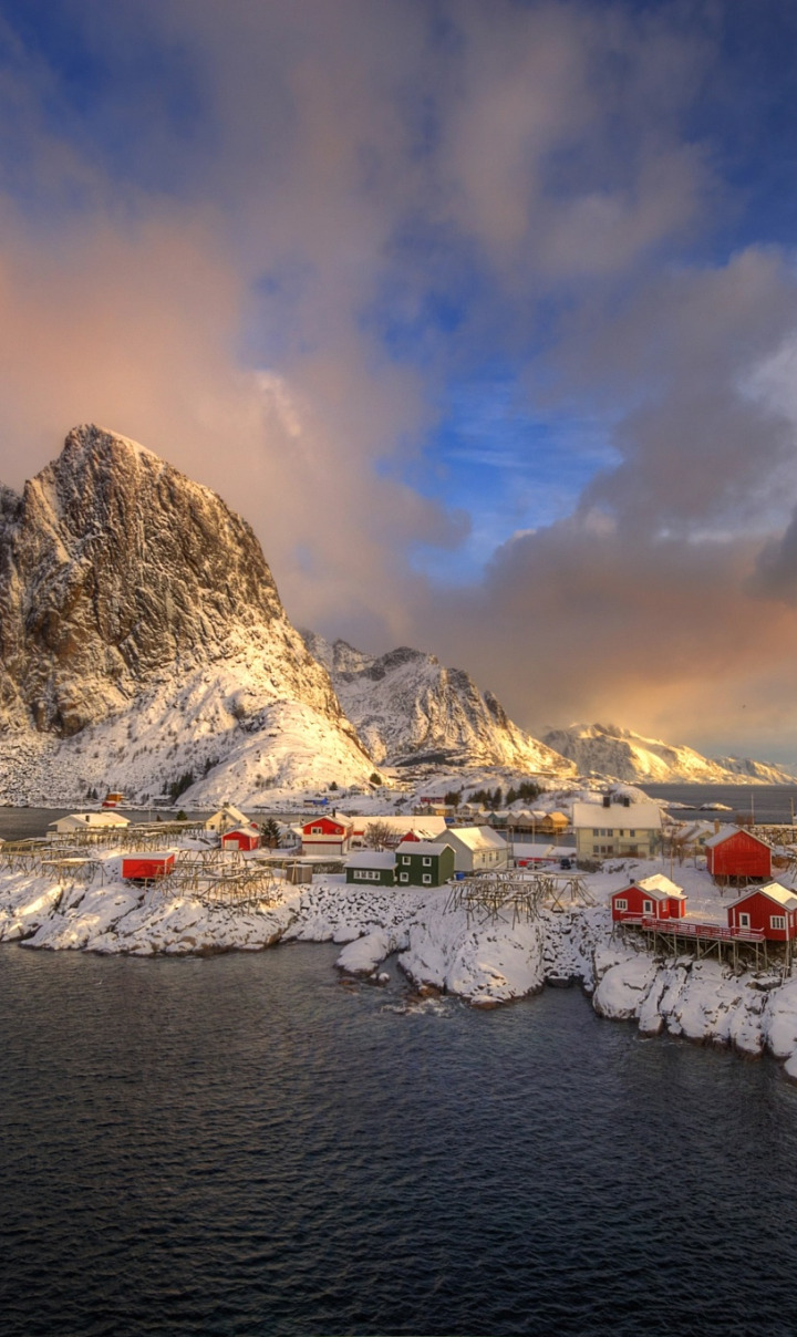 winter, clouds, light, snow, rocks, Seagull, Norway, settlement