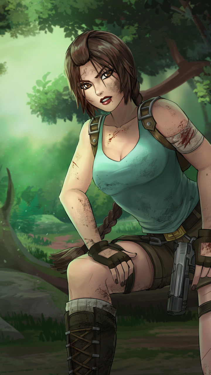 Download wallpaper forest, chest, girl, gun, shorts, dirt, lara croft, tomb  raider, section games in resolution 720x1280