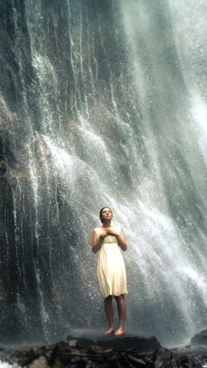 girl, river, waterfall