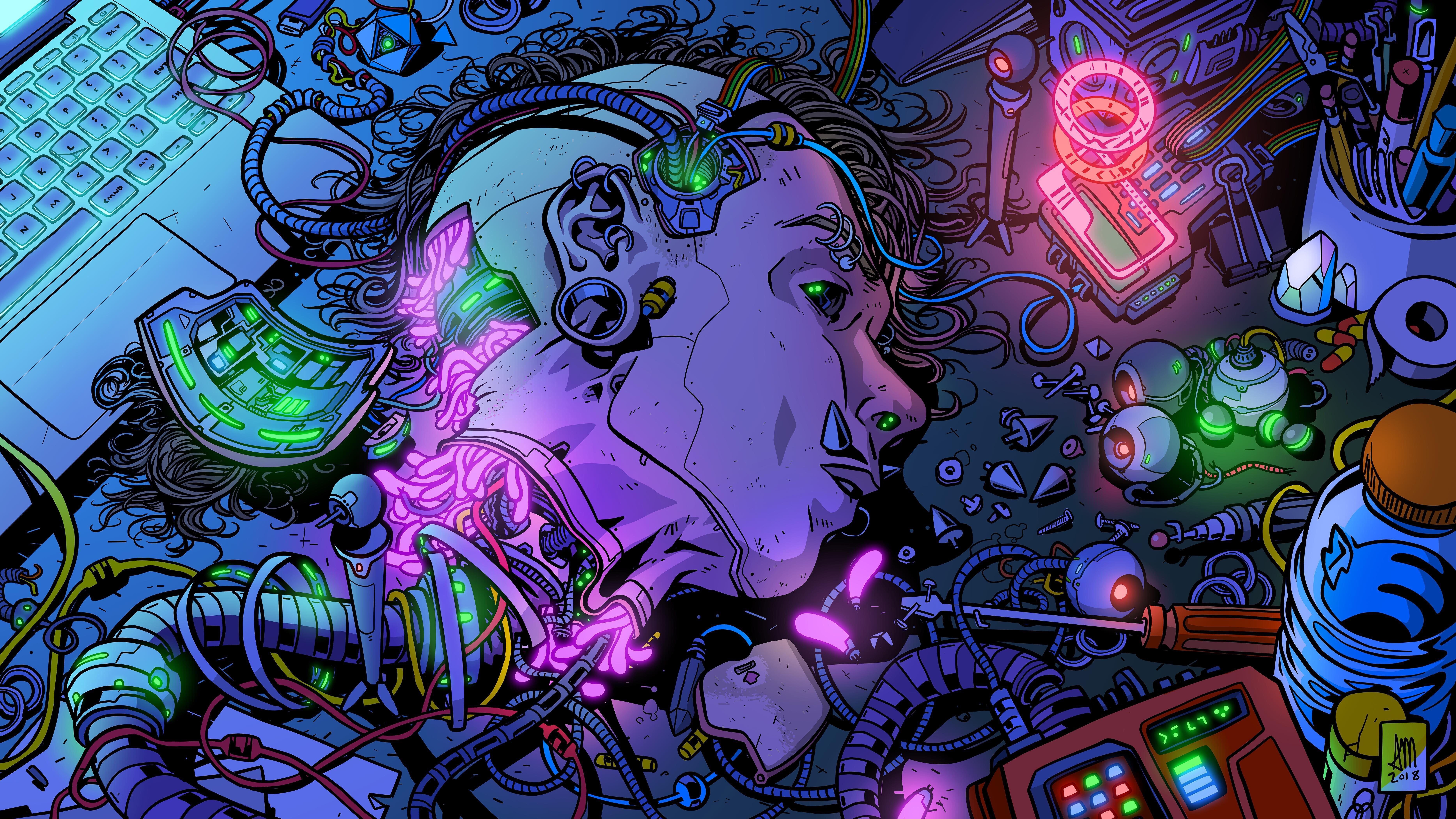 Wallpaper Future, Robot, Wire, Head, Fantasy, Instrumento