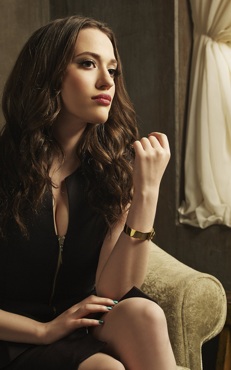 Download wallpaper chair, actress, brunette, window, photoshoot, Kat  Dennings, 2 Broke Girls, Two broke girls, section girls in resolution  800x1280