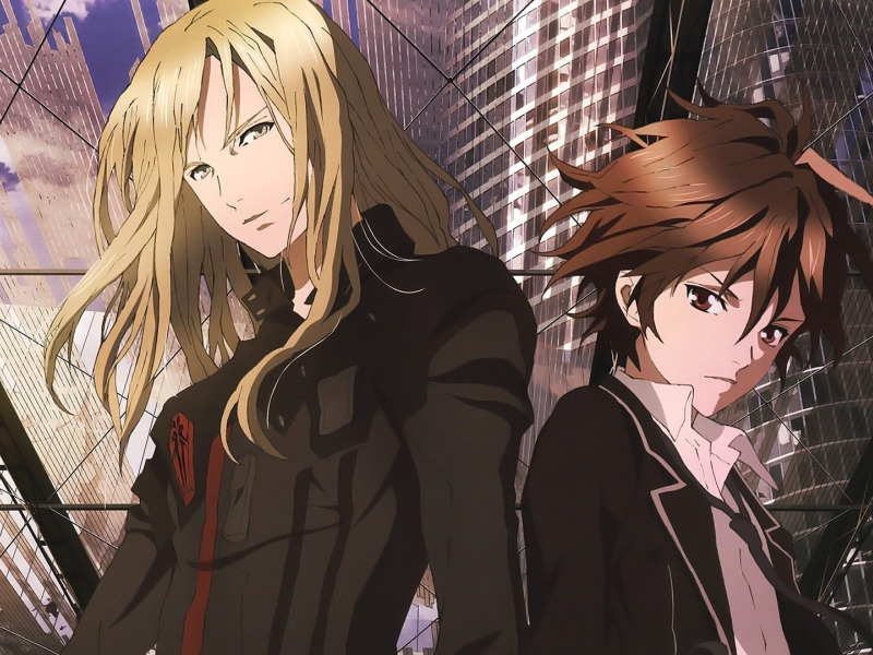 Download wallpaper skyscraper, form, long hair, guilty crown, two guys ...