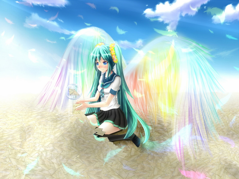 the sky, girl, clouds, wings, rainbow, art, Hatsune Miku, Vocaloid
