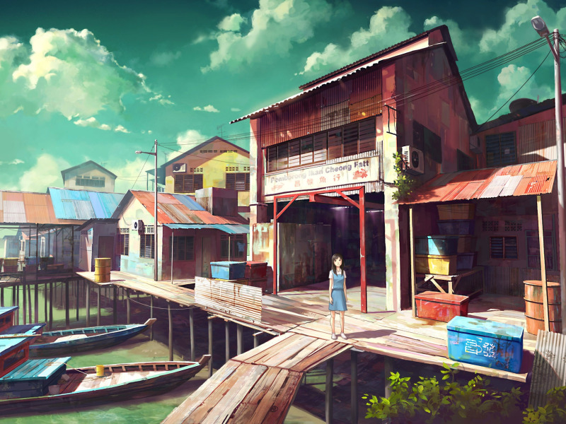 the sky, girl, clouds, the city, home, boats, anime, pier