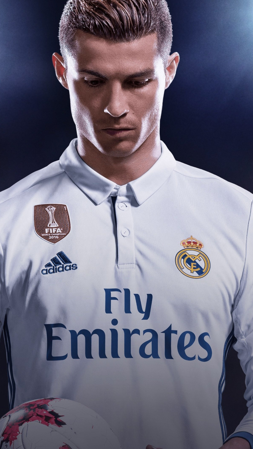 Download wallpaper sport, Cristiano Ronaldo, game, FIFA, uniform, seifuku,  Real Madrid CF, FIFA 18, section games in resolution 824x1464