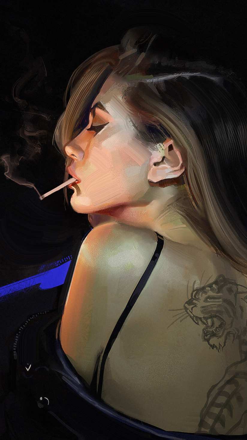 Download wallpaper girl, back, tattoo, art, cigarette, profile, black  background, art, section art in resolution 824x1464