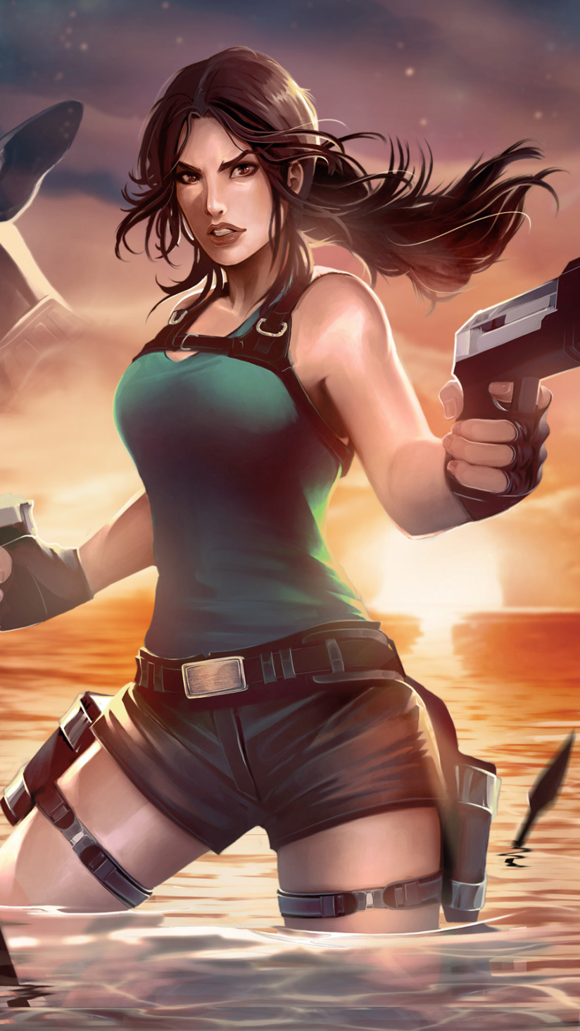 Download wallpaper water, girl, guns, shorts, lara croft, tomb raider,  section games in resolution 824x1464