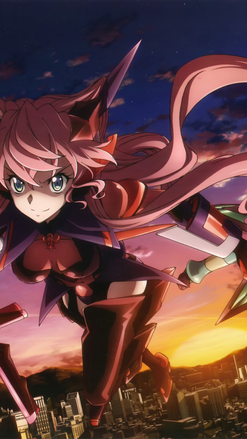 Download wallpaper the sky, clouds, sunset, girls, anime, art, senki  zesshou symphogear, mary cadenzavuna eve, section anime in resolution  824x1464