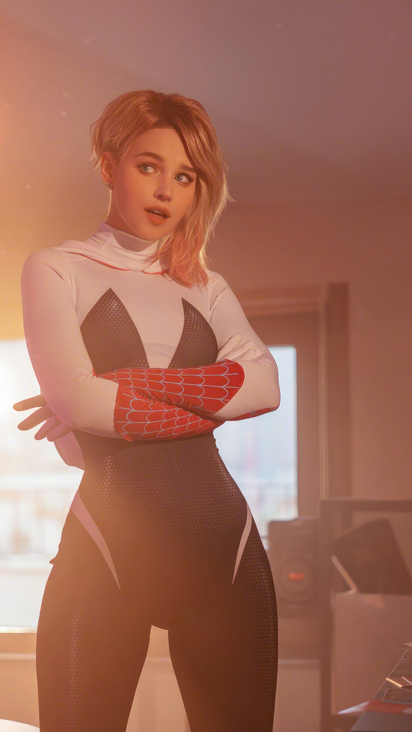 Download wallpaper girl, sun, cosplay, room, blonde, Spiderman, Gwen Stacy,  Shirogane Sama, section girls in resolution 824x1464