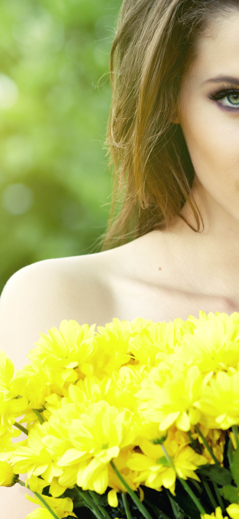 Download Wallpaper Look Girl Flowers Face Hair Bouquet Brown Hair