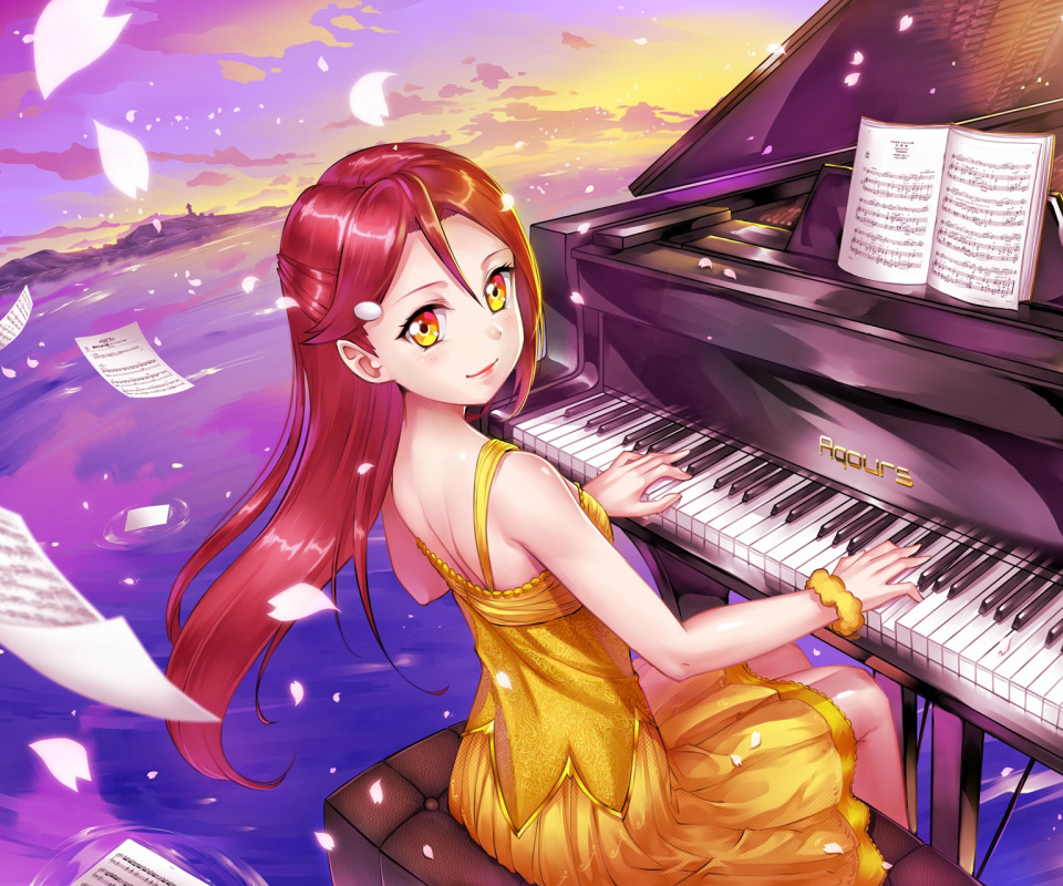 Download Wallpaper Sunset, Nature, Girl, Piano, Love Live!, Sheets.