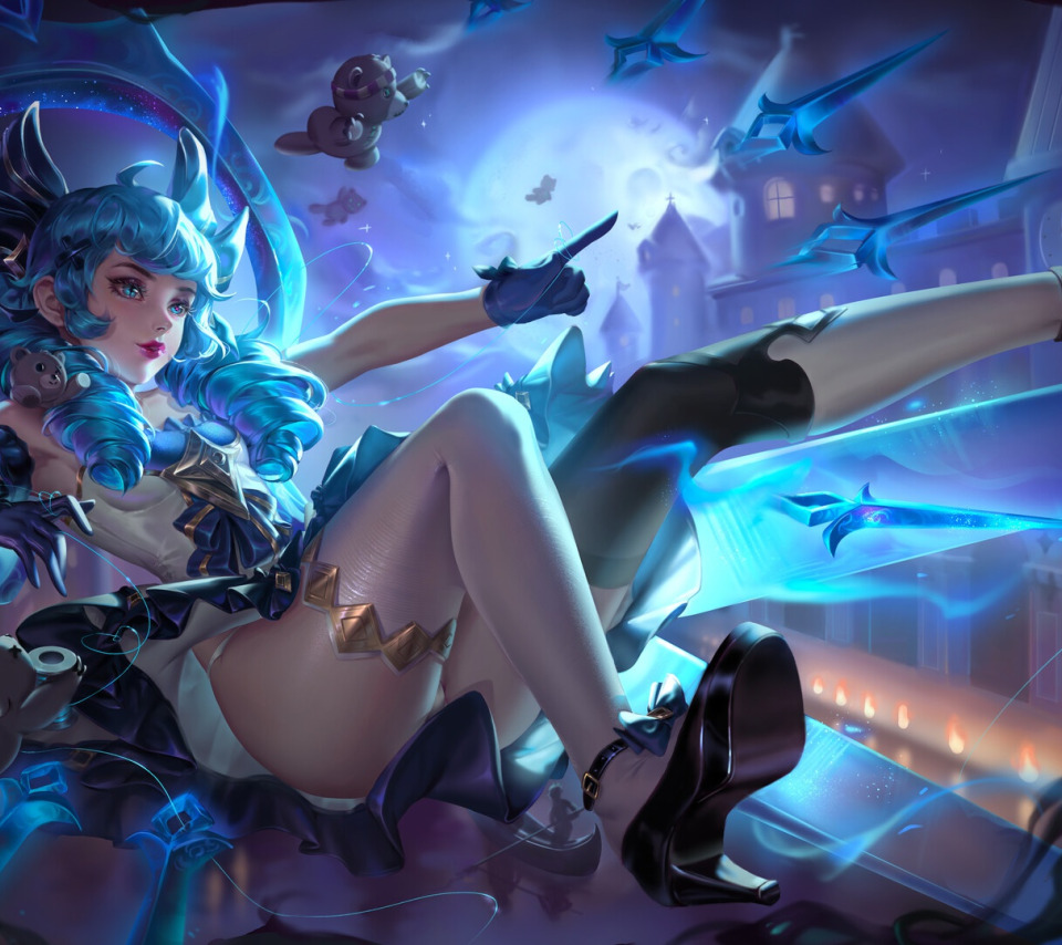 Download wallpaper long hair, Gwen, League of Legends, fan art, blue hair,  fantasy girl, minidress, video game girls, section games in resolution  960x854