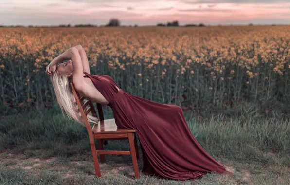 Field, the sky, girl, sunset, nature, pose, hair, dress