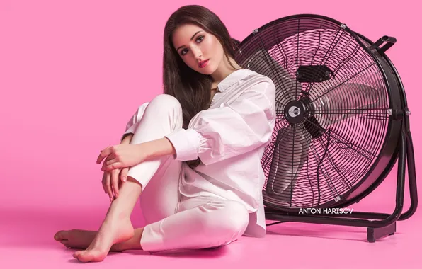 Picture look, girl, pose, fan, shirt, pink background, pants, Anton Kharisov