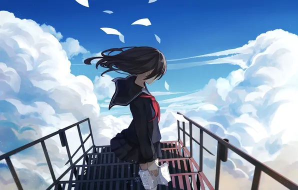 Picture the sky, girl, clouds, anime, art, form, schoolgirl, levi9452