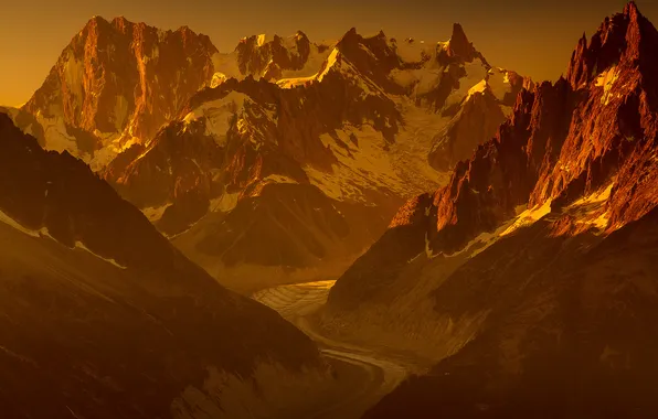 The sky, snow, sunset, mountains, glacier