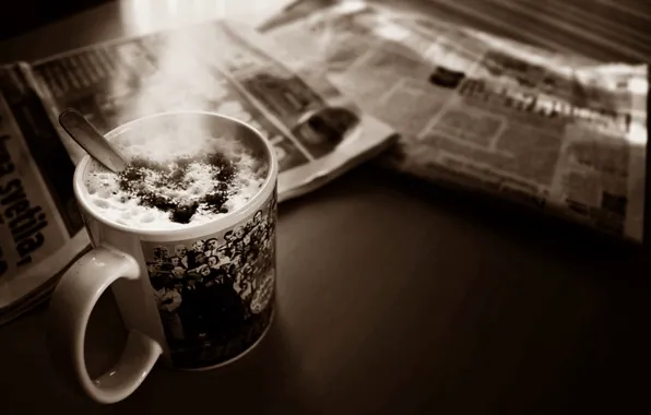 Photo, table, heart, coffee, Sepia, Cup, Newspapers, foam