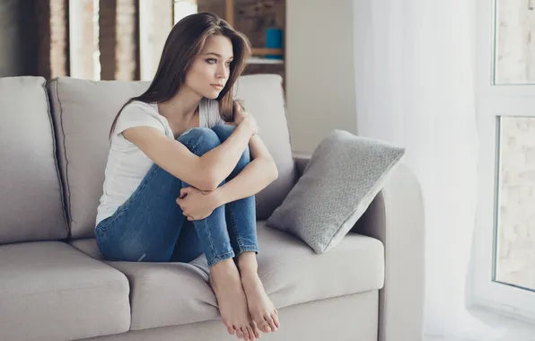 Girl, home, female, empty, hugging, health, despair, divan