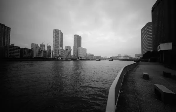 The sky, clouds, bridge, the city, overcast, building, home, black and white