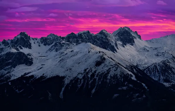 Snow, sunset, mountains, ski resort, purple sunset