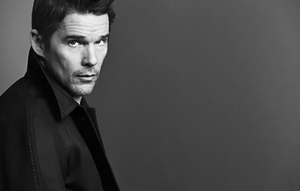 Picture background, portrait, jacket, photographer, actor, black and white, Ethan Hawke, Ethan Hawke