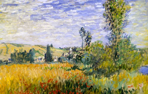 Flowers, tree, picture, Claude Monet, Landscape at Vétheuil