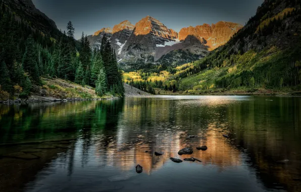 Landscape, mountains, lake, Colorado, Maroon Bells