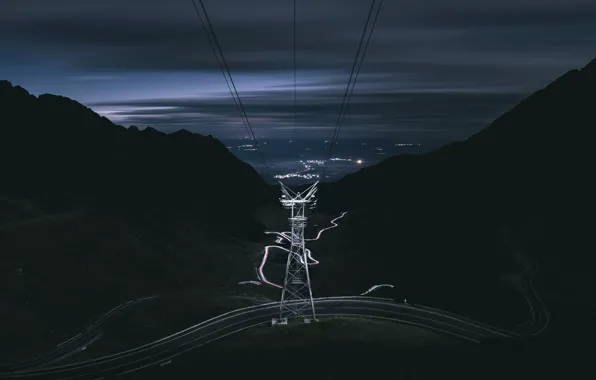 Road, Night, power lines, Transfagarasan