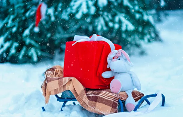 Winter, forest, gift, toy, New year, sled